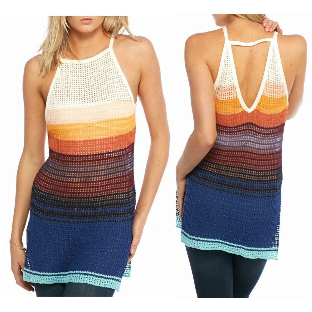 New! FREE PEOPLE Striped Sleeveless Boho Tunic Tank Top V-Back Airy